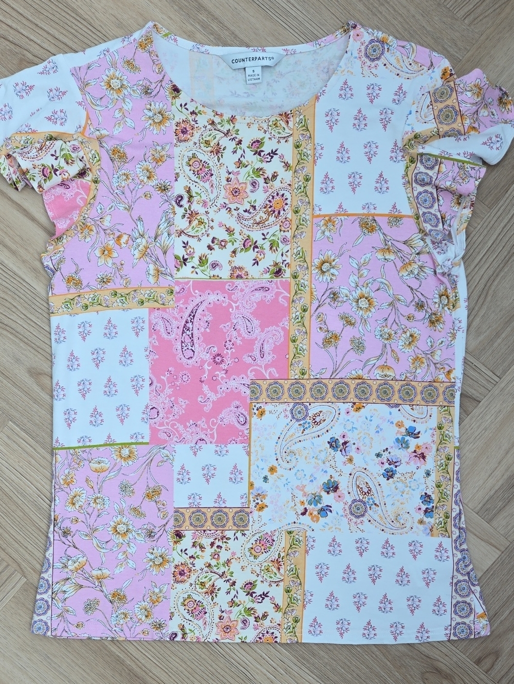 Counterparts Pink Patchwork Paisley & Floral Short Sleeve Tee Small